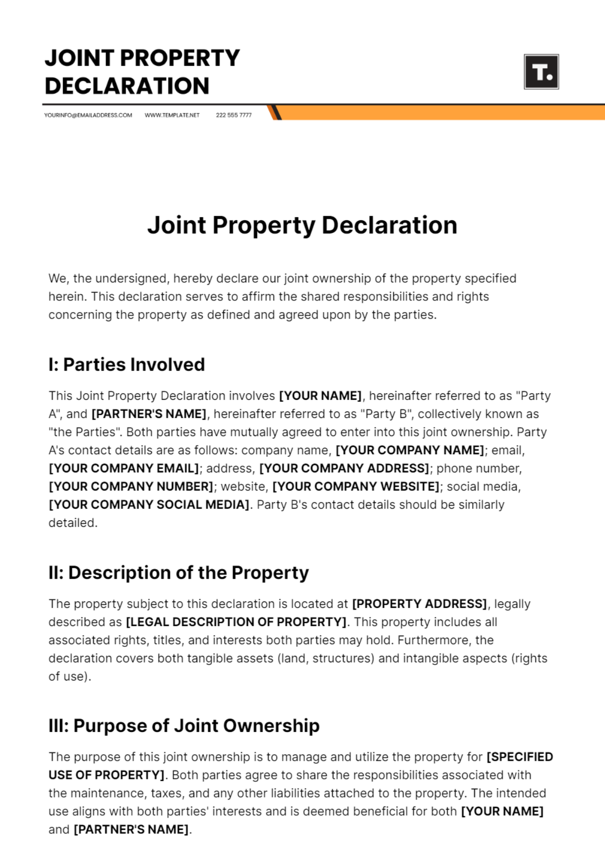 Joint Property Declaration Template