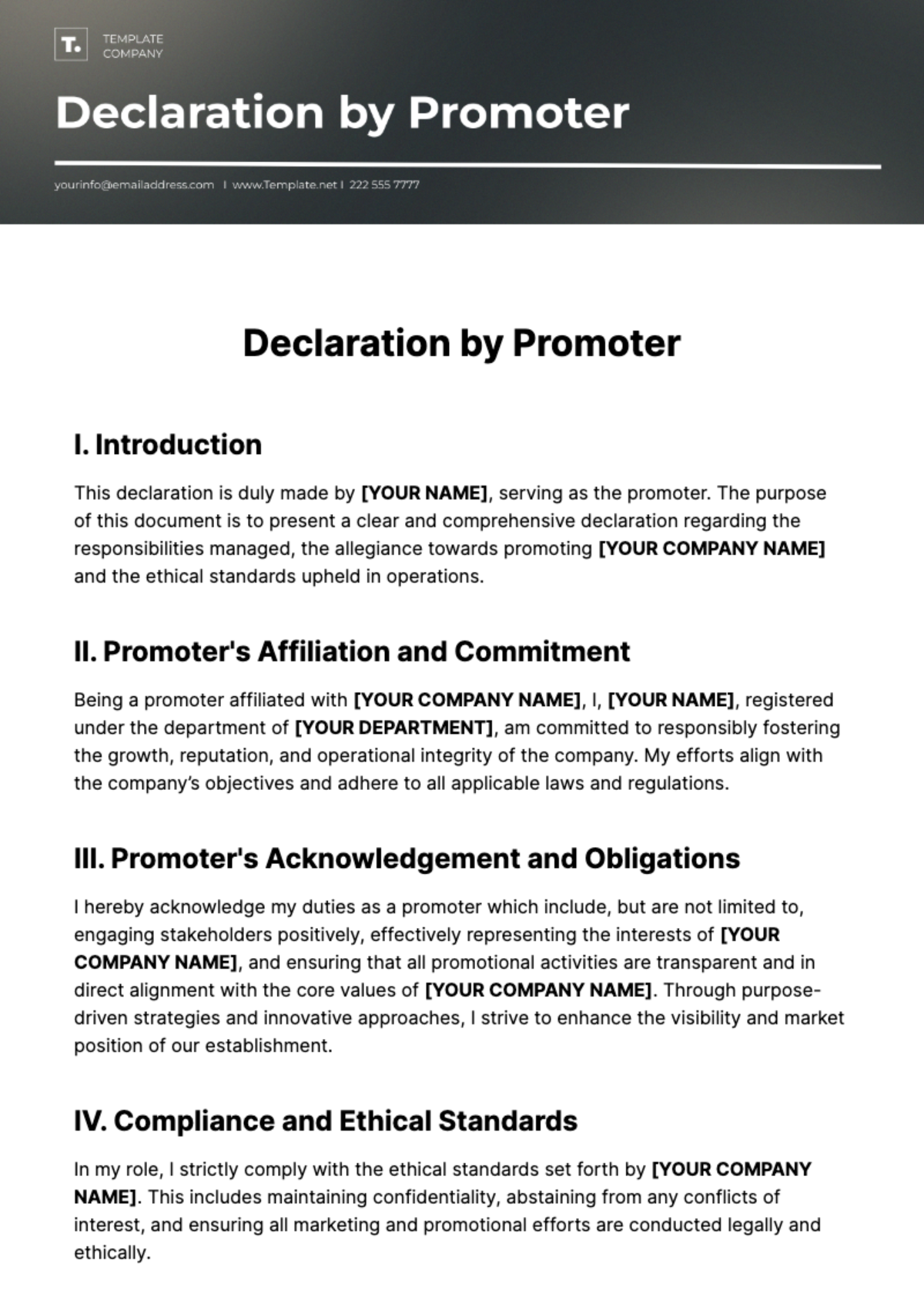 Free Declaration by Promoters Template