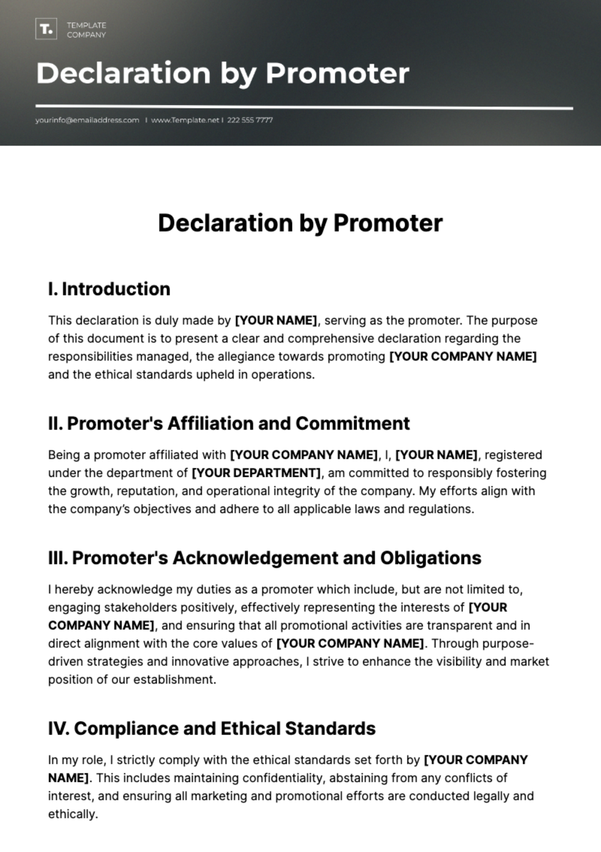 Declaration by Promoters Template - Edit Online & Download