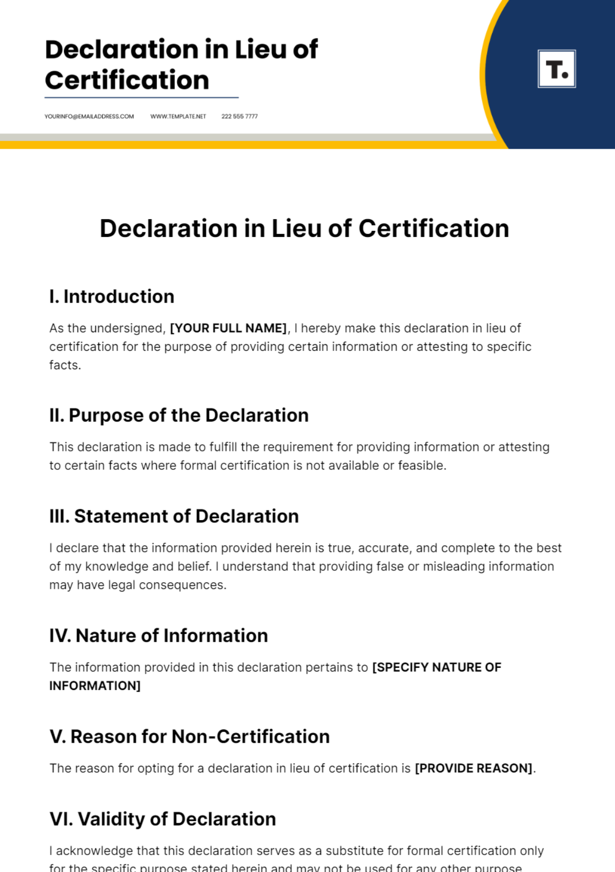Declaration in Lieu of Certification Template
