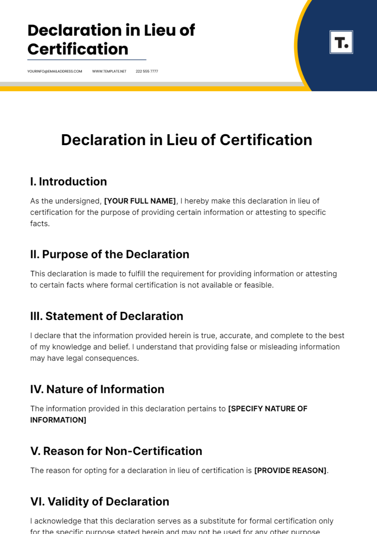 Declaration in Lieu of Certification Template - Edit Online & Download