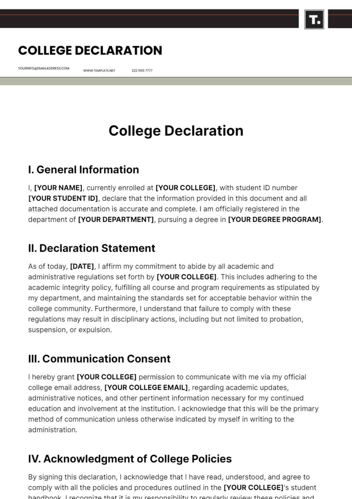 Free College Declaration Template
