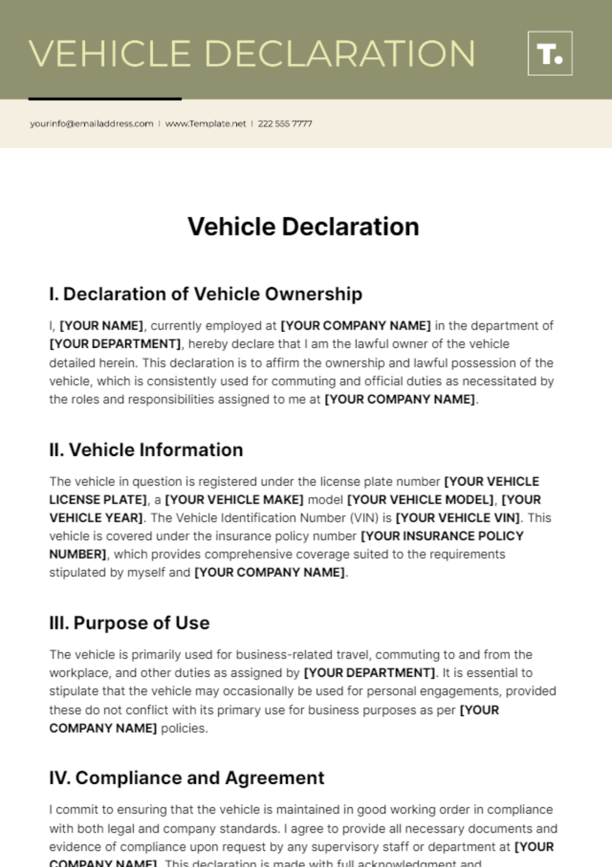 Free Vehicle Declaration Template