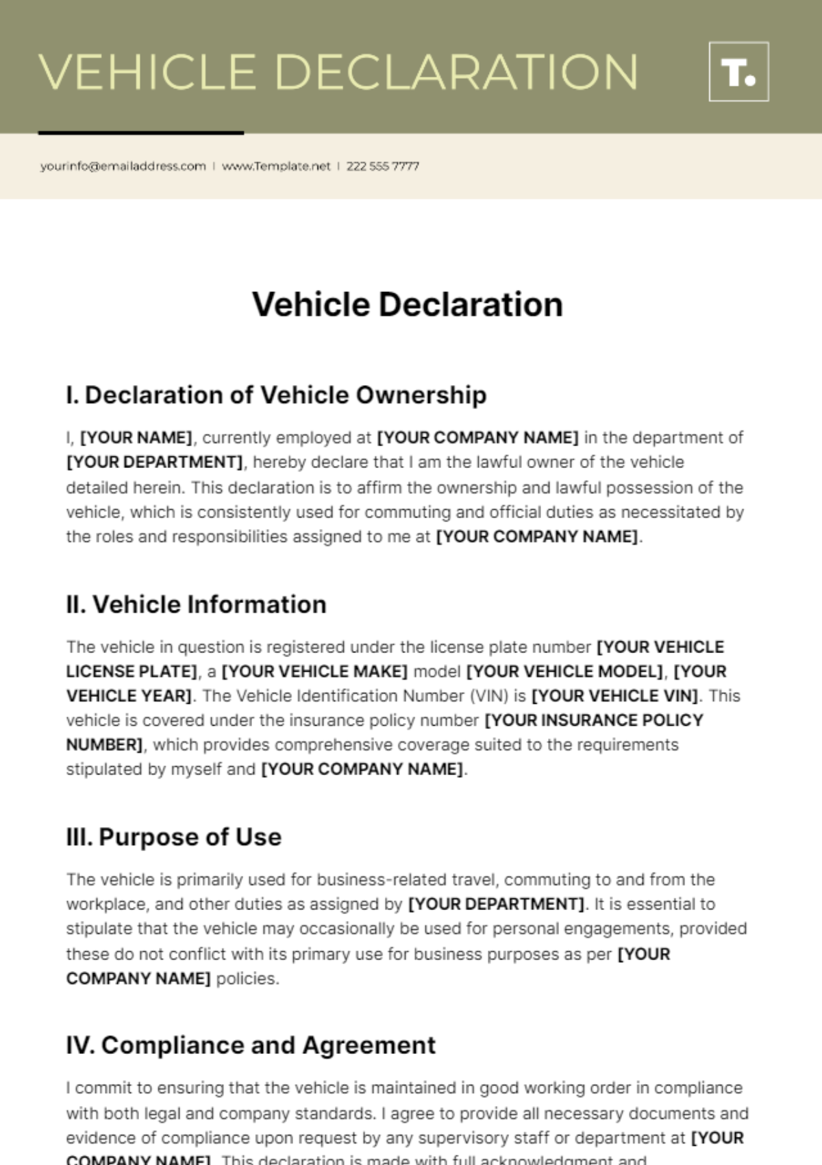 Vehicle Declaration Template - Edit Online & Download