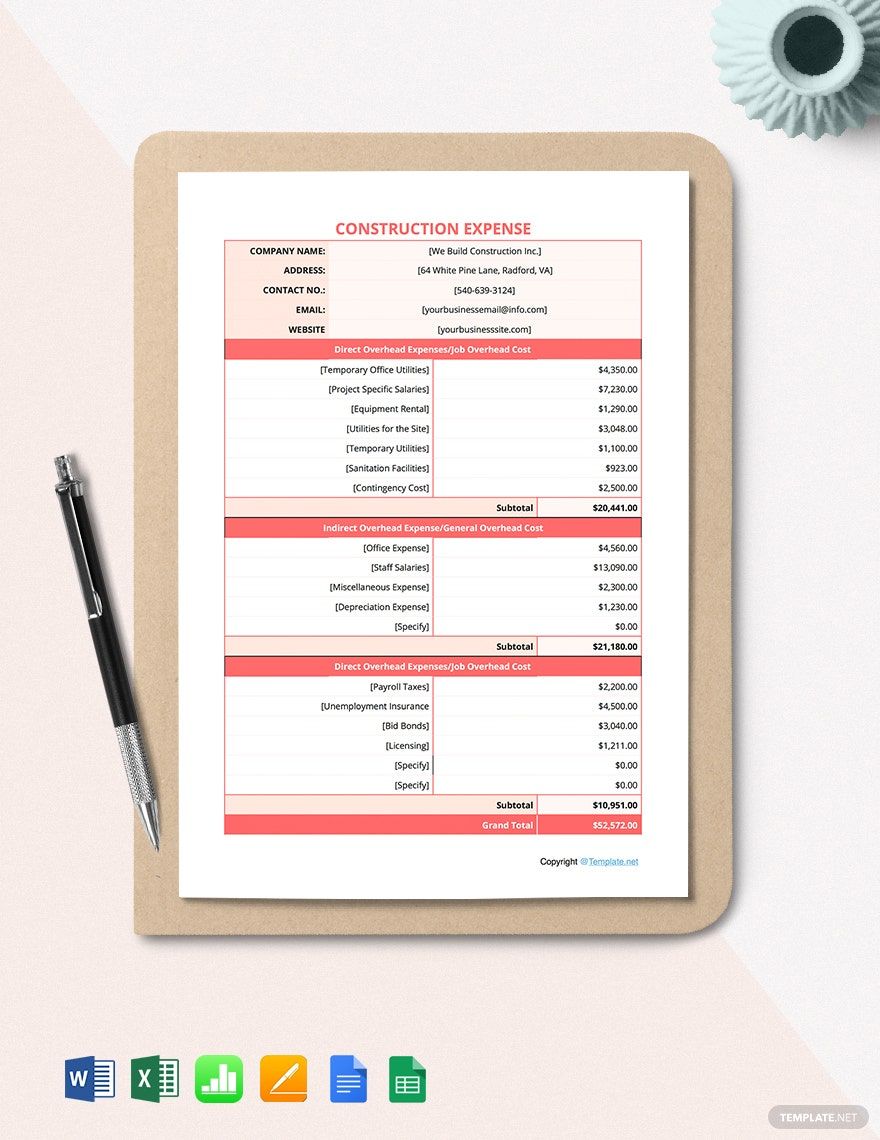 Free Basic Construction Expense Template