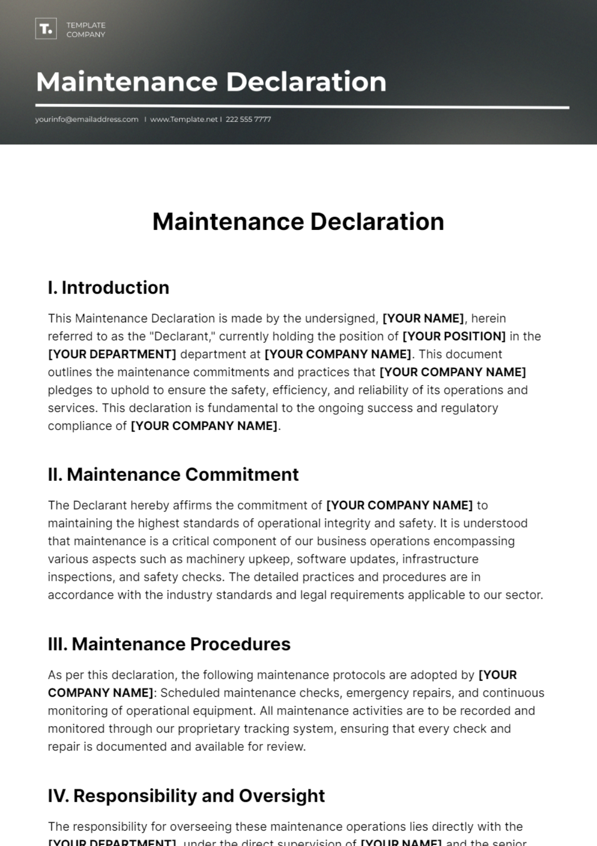 Maintenance Declaration Template