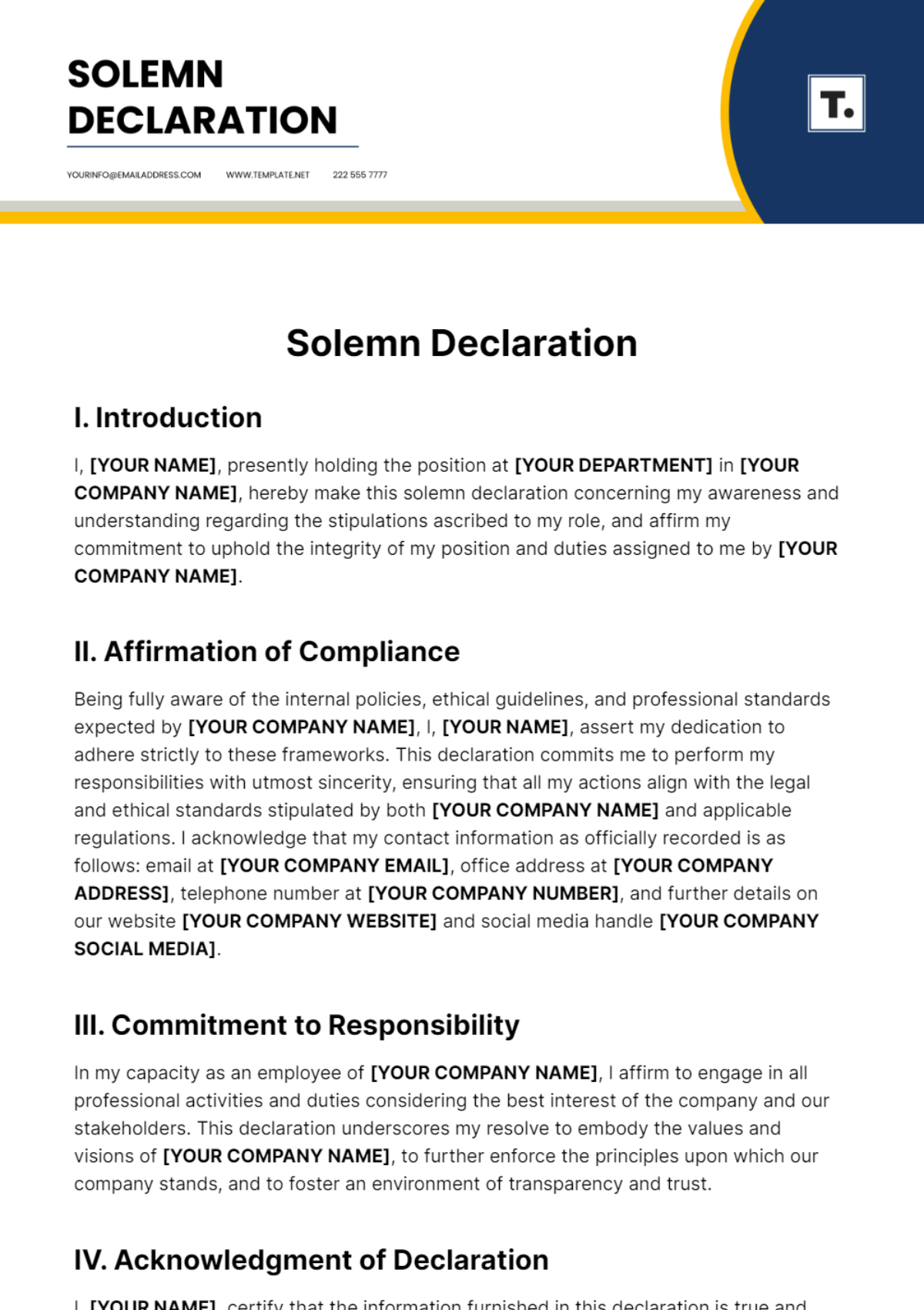 Solemn Declaration Template - Edit Online & Download