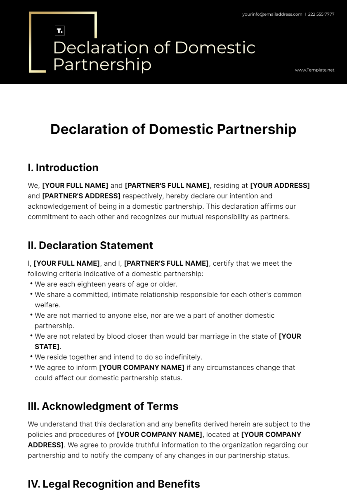 Free Declaration of Domestic Partnership Template