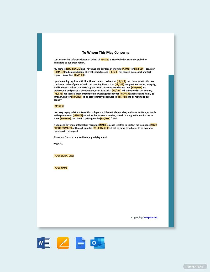 Character Reference Letter for Immigration Template in Word, Google Docs, PDF, Apple Pages, Outlook