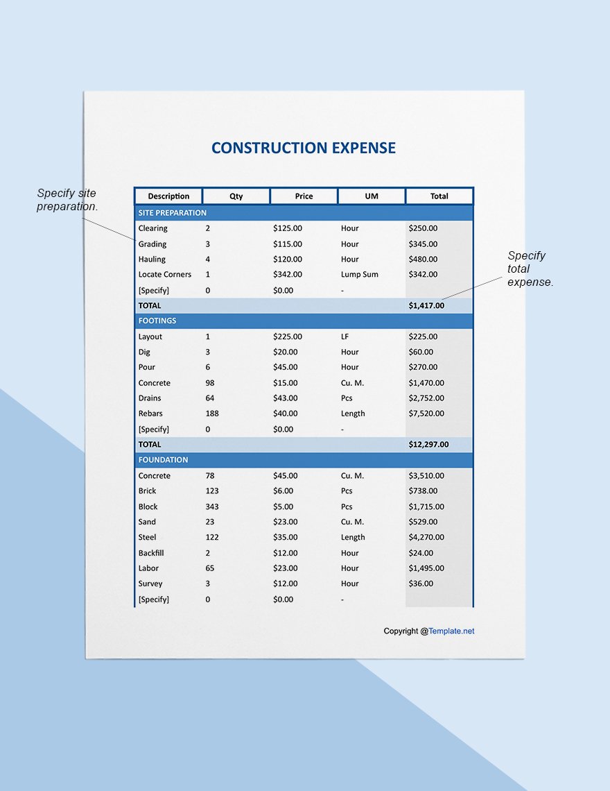 Sample Construction Expense Sample