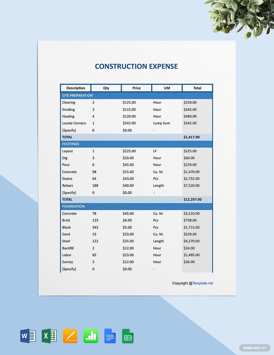 Sample Construction Expense Template