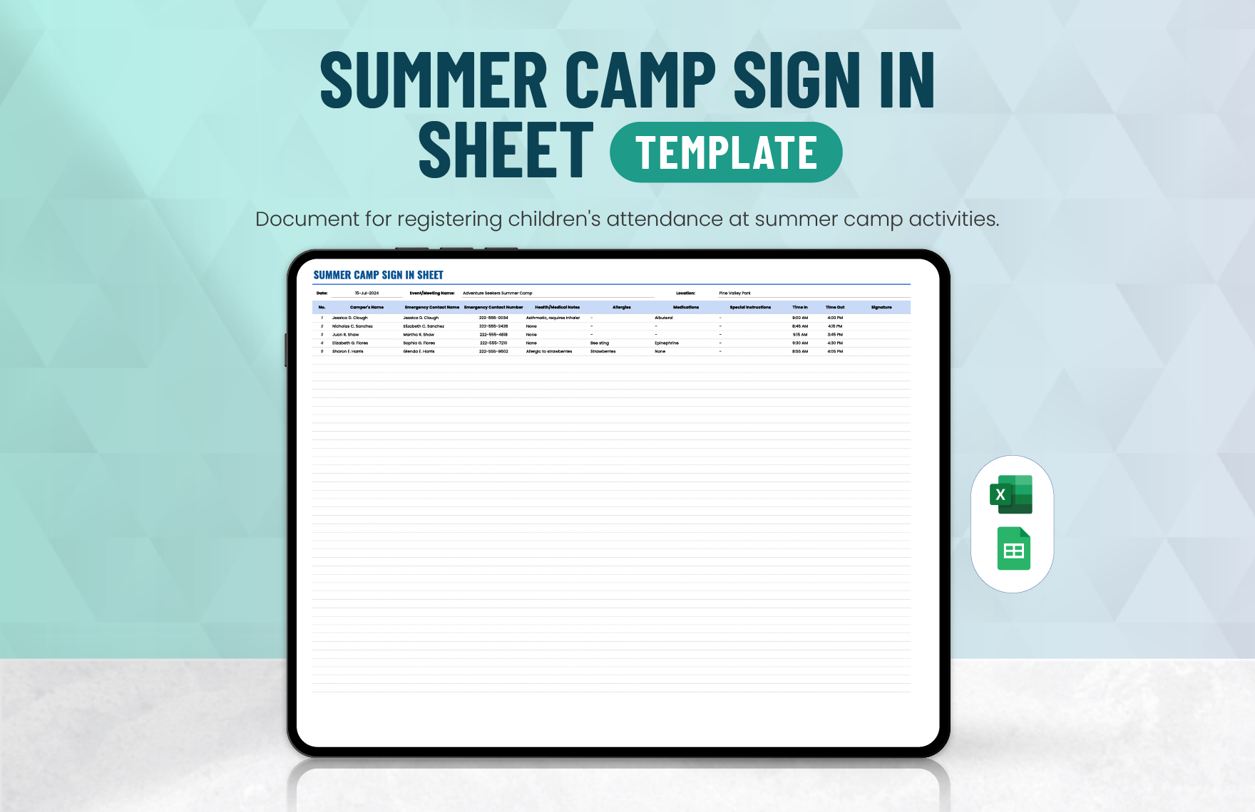 Free Summer Camp Sign in Sheet Template in Excel, Google Sheets