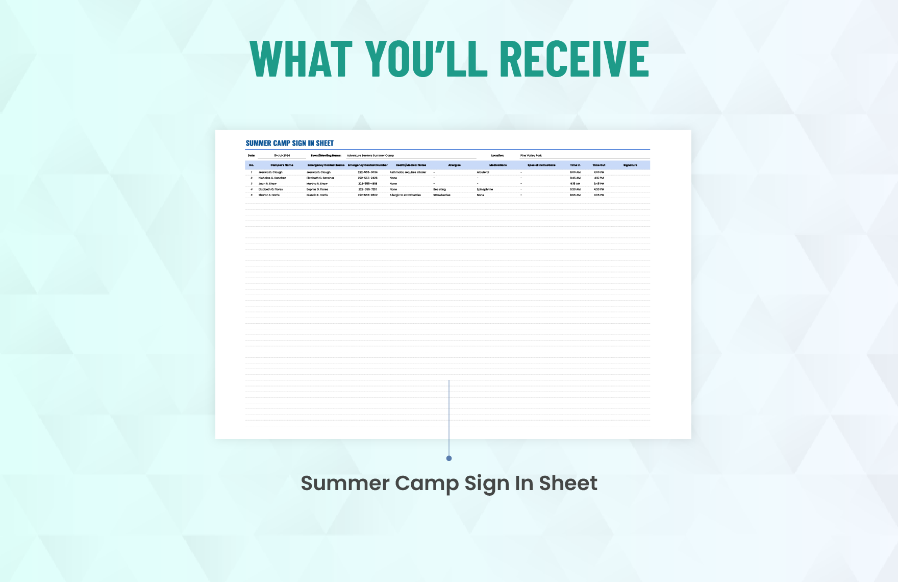 Summer Camp Sign in Sheet Template