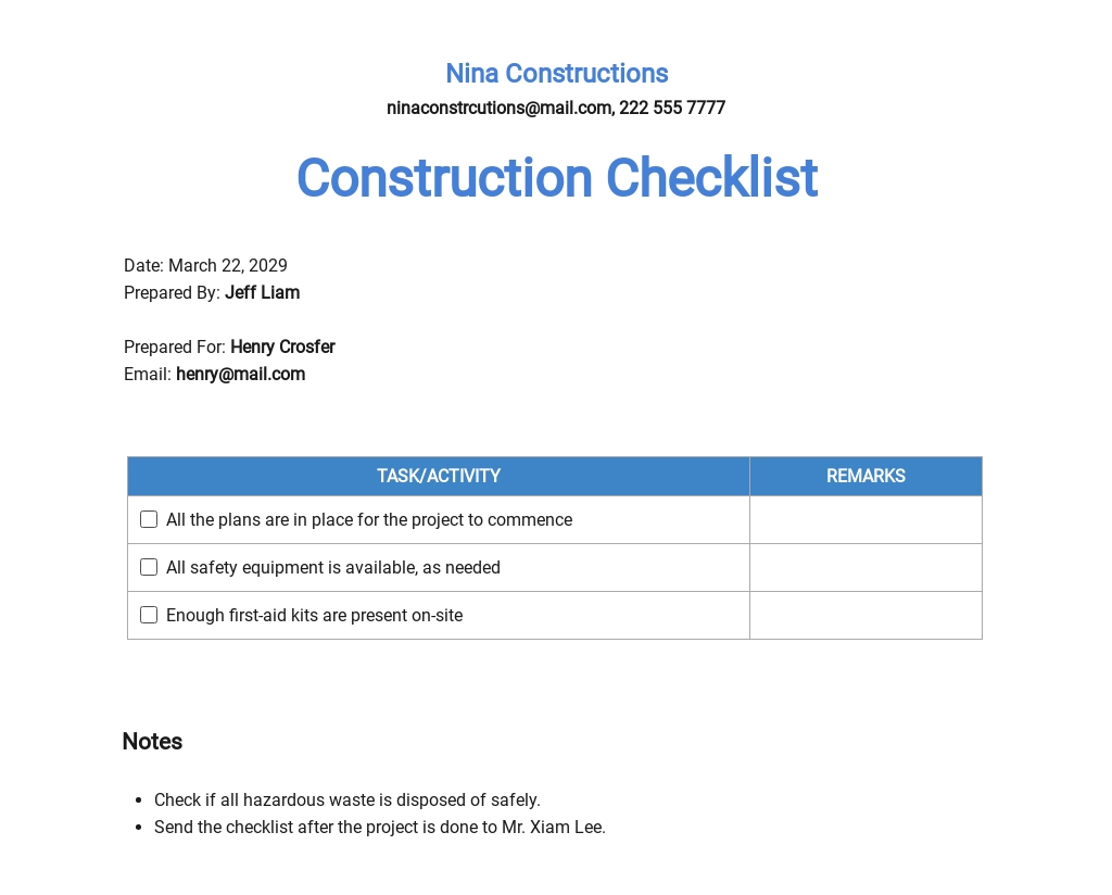 Free Printable Construction Checklist Template - Google Docs, Word ...