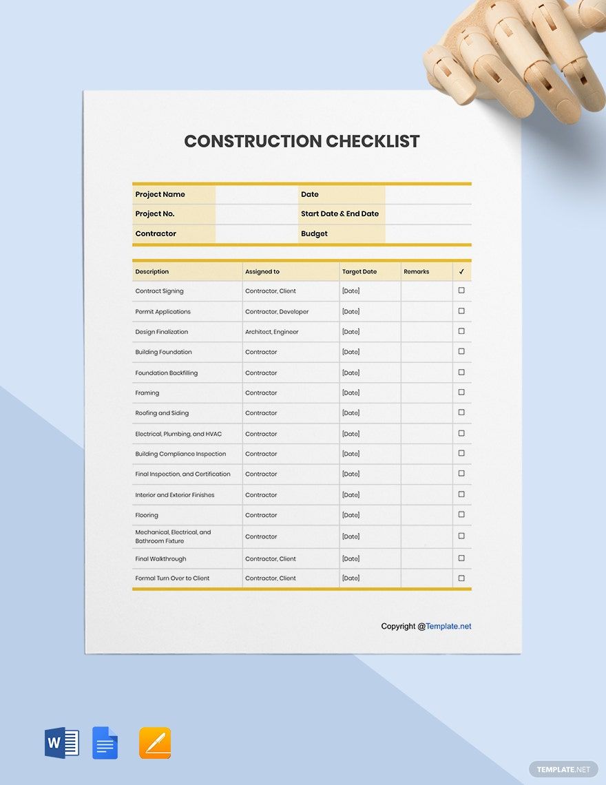 Printable Construction Checklist Template