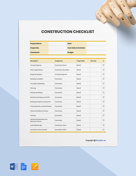 Free Printable Construction Checklist Template Google Docs Word 