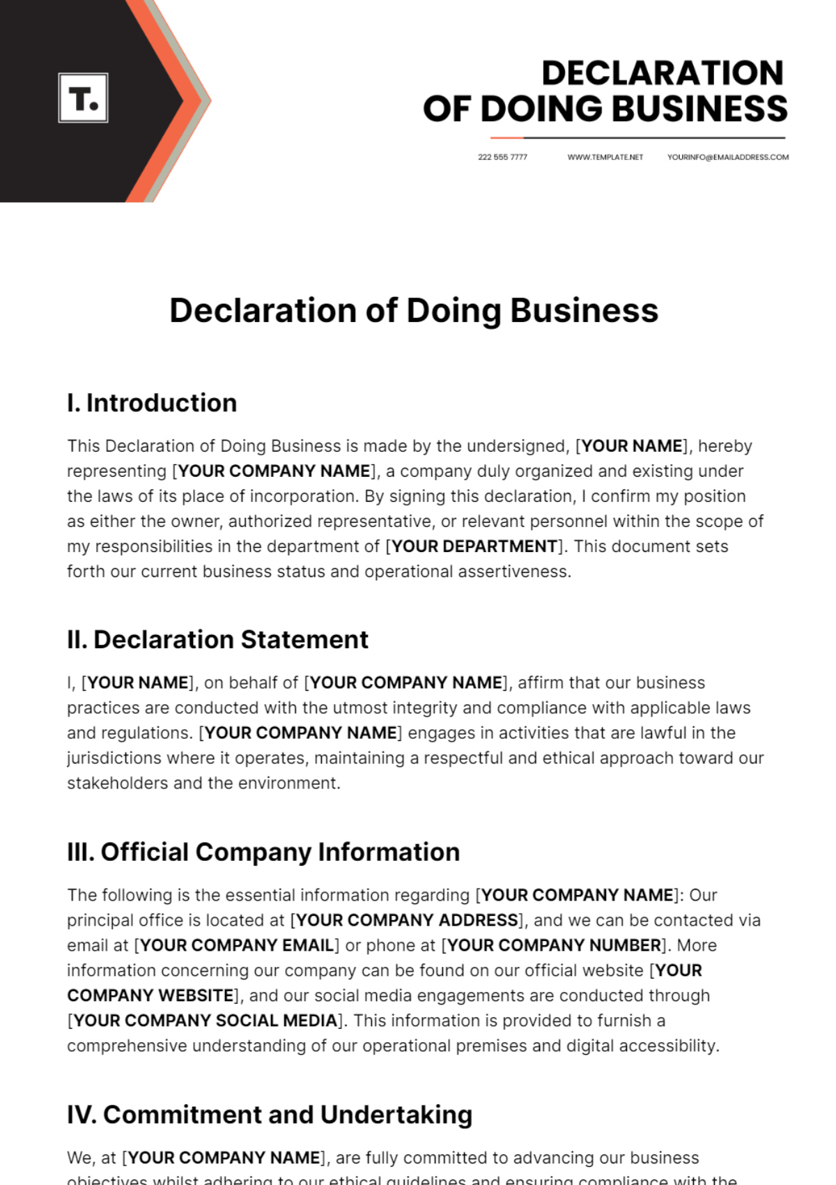 Free Declaration of Doing Business Template