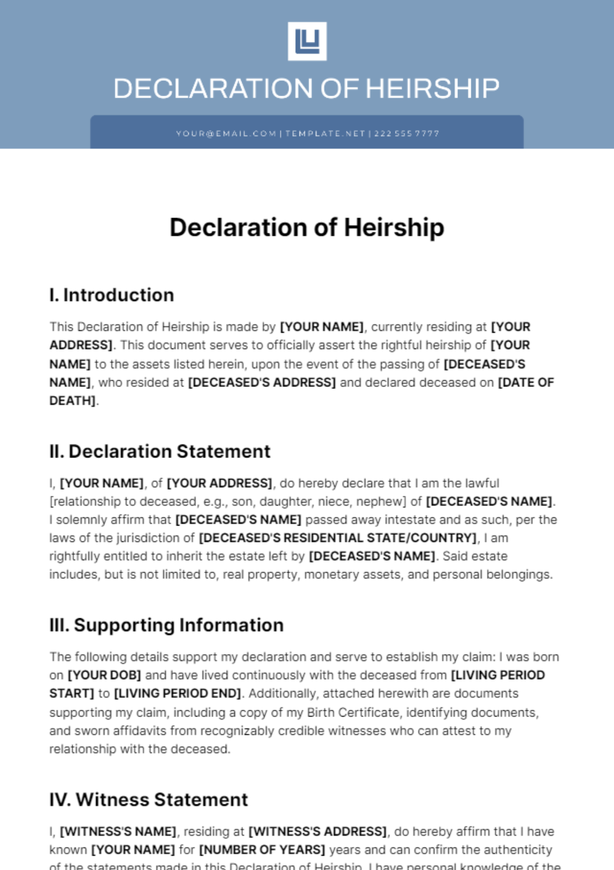 Free Declaration of Heirship Template