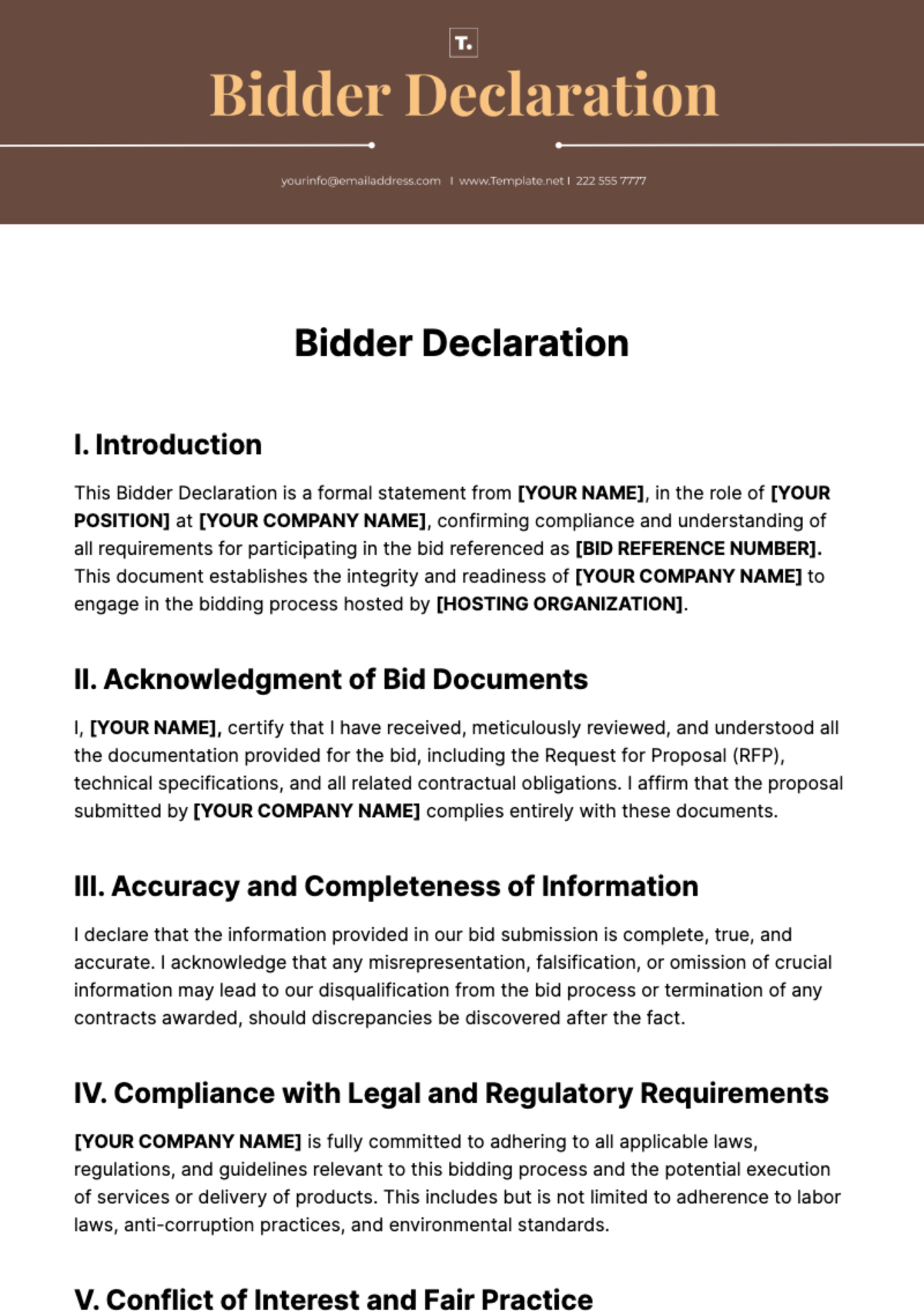 Free Bidder Declaration Template