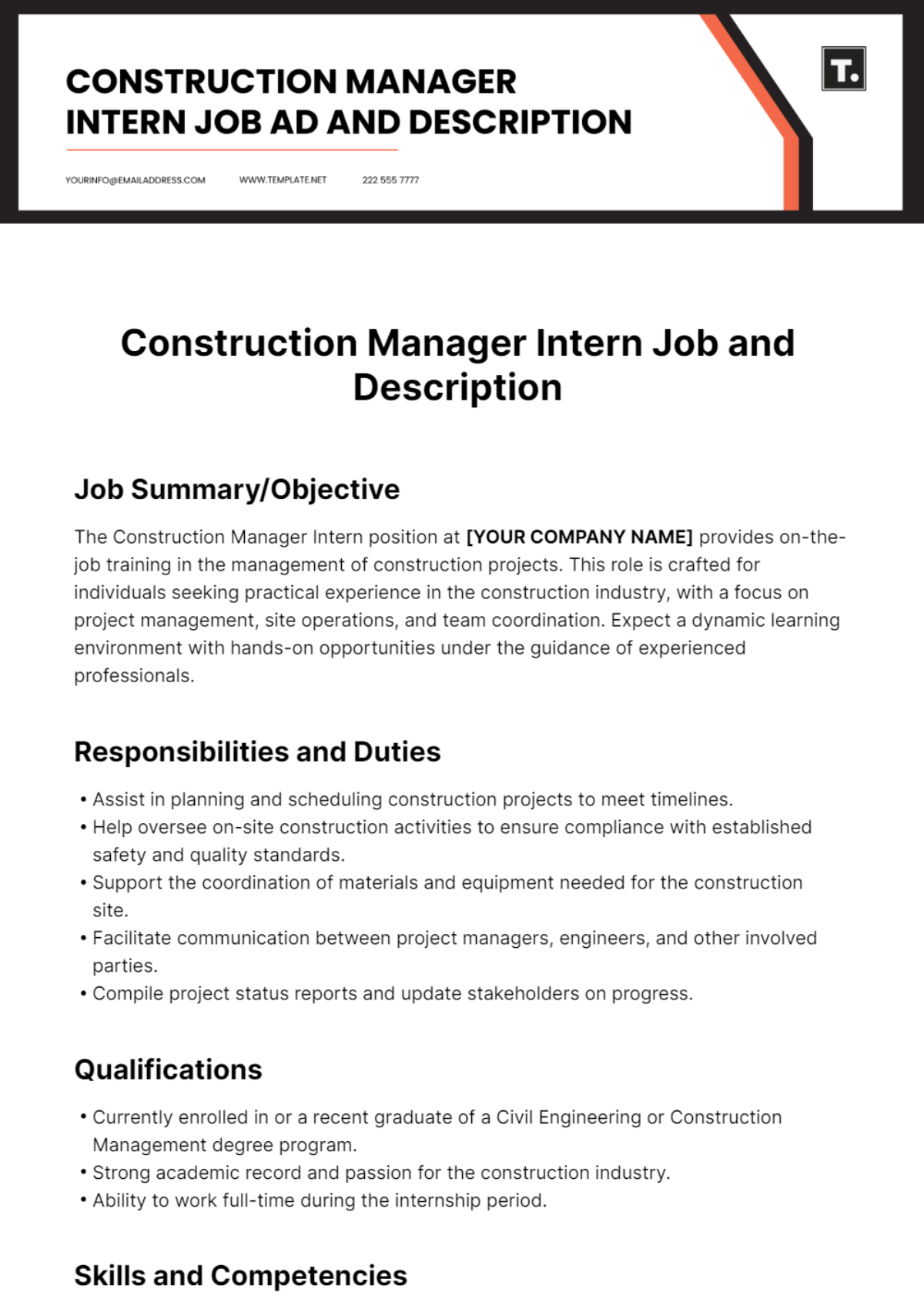 Free Construction Manager Intern Job Ad and Description Template
