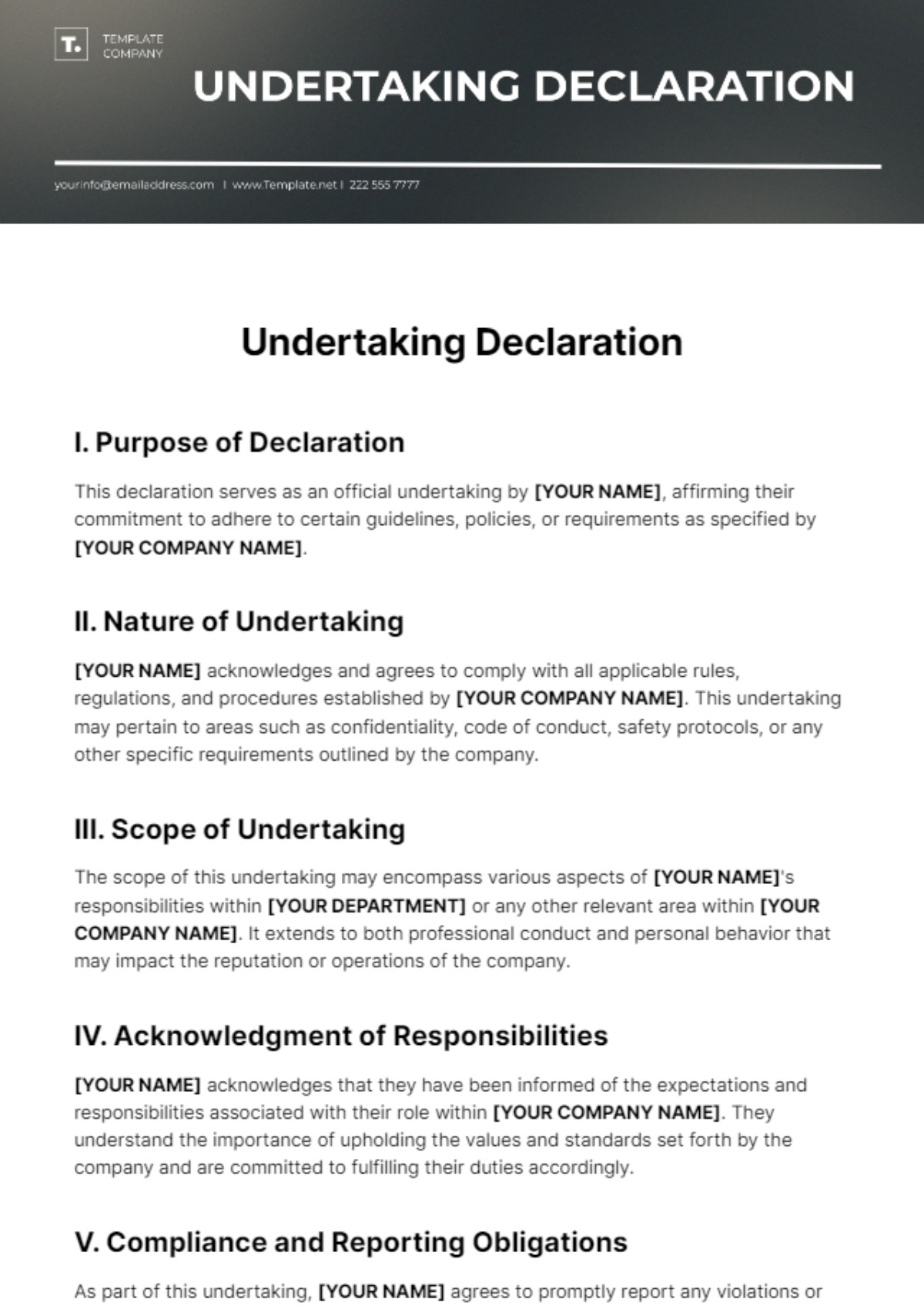 Free Undertaking Declaration Template