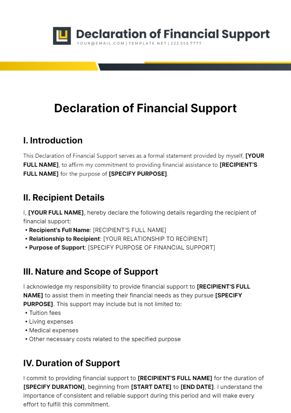 Free Declaration of Financial Support Template