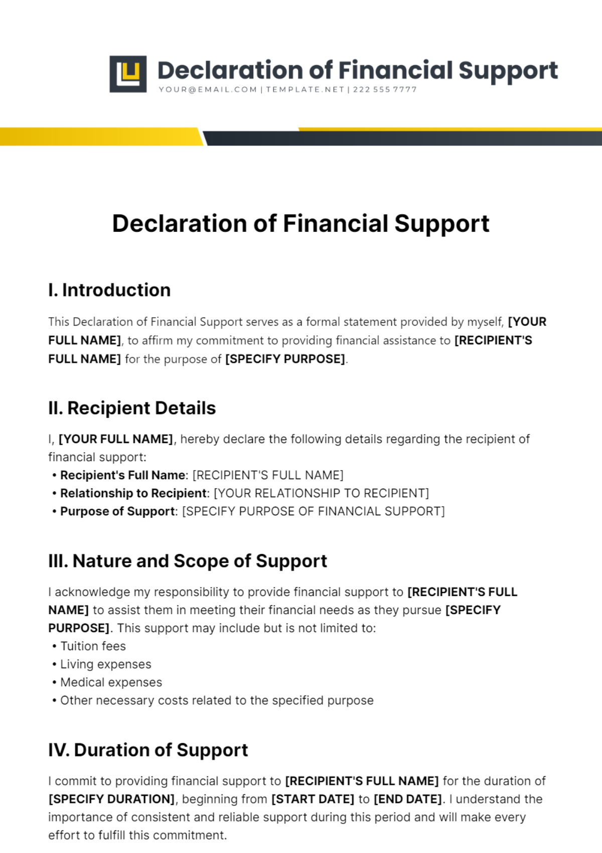 Declaration of Financial Support Template - Edit Online & Download