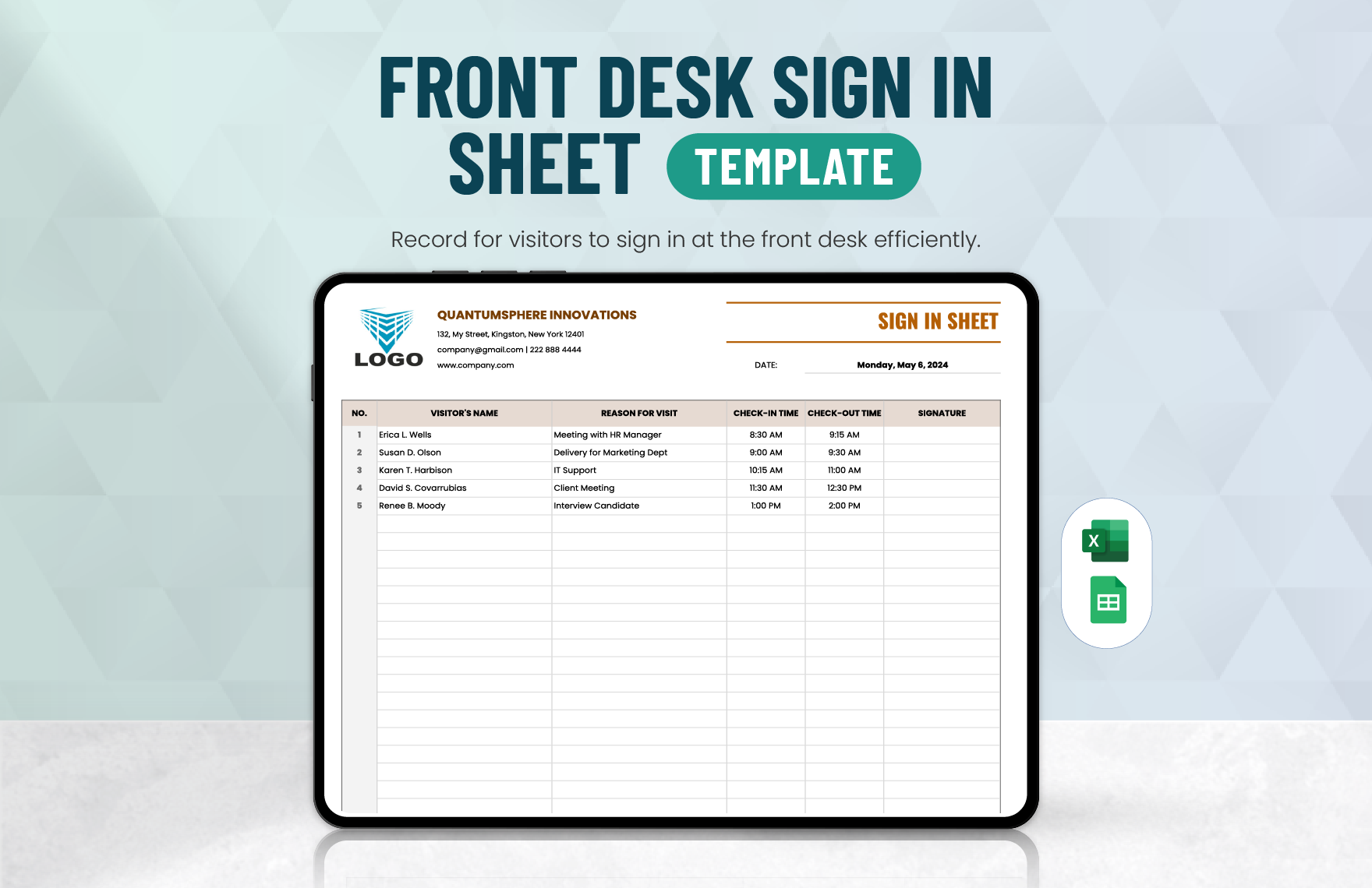 Front Desk Sign in Sheet Template