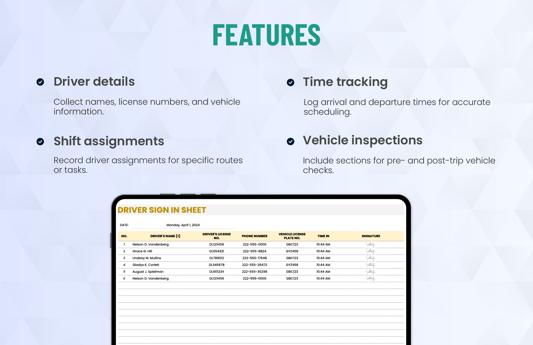 Driver Sign in Sheet Template