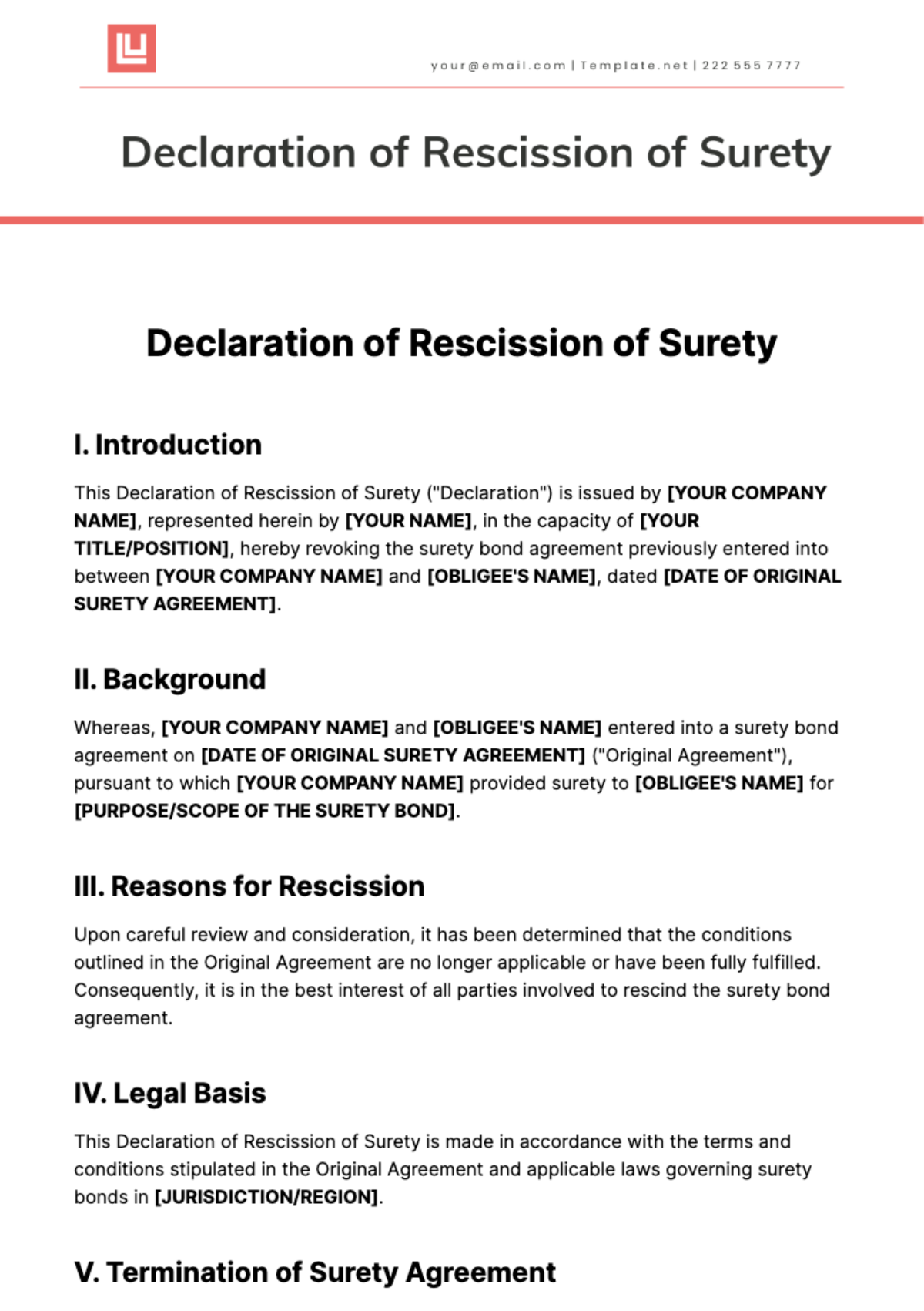 Declaration Of Rescission Of Surety Template