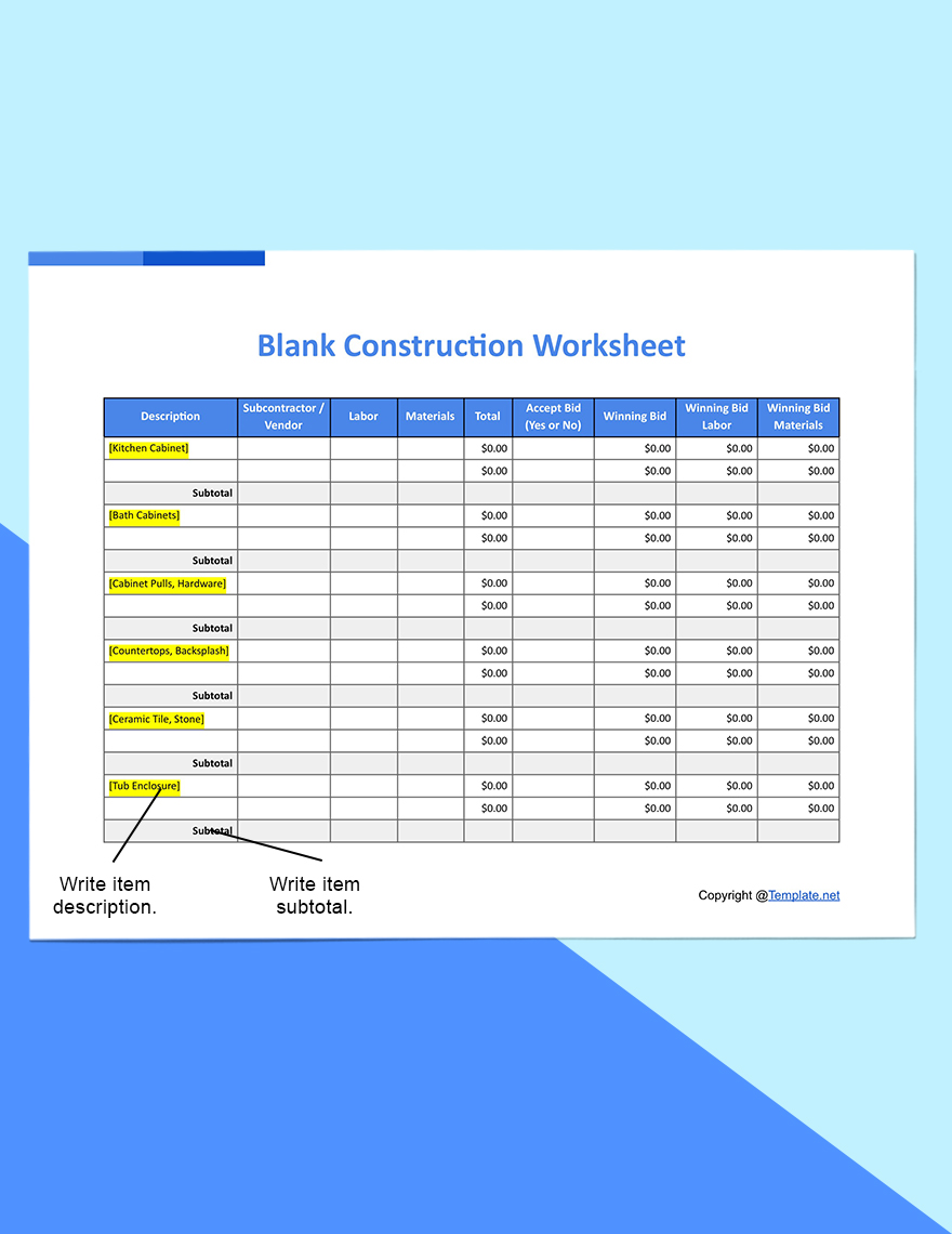 Blank Construction Worksheet Download