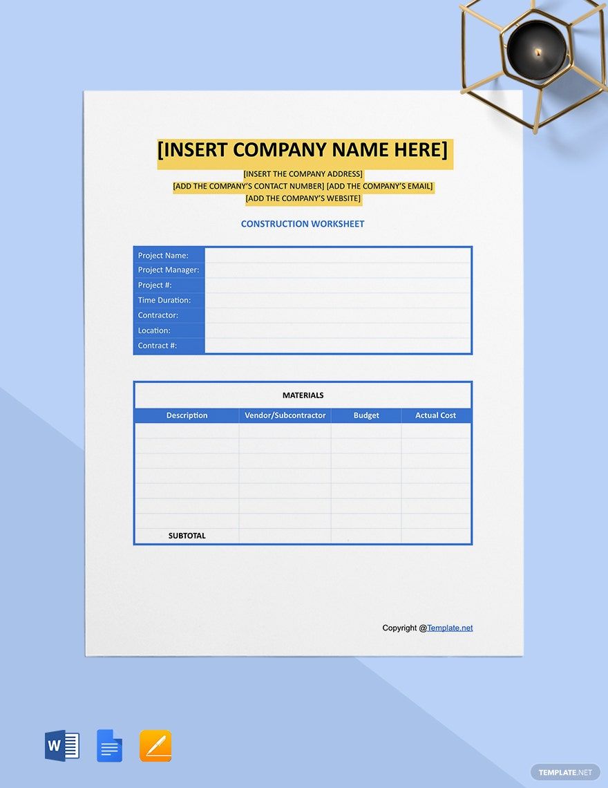 Editable Construction Worksheet Template in Word, Pages, Google Docs - Download | Template.net