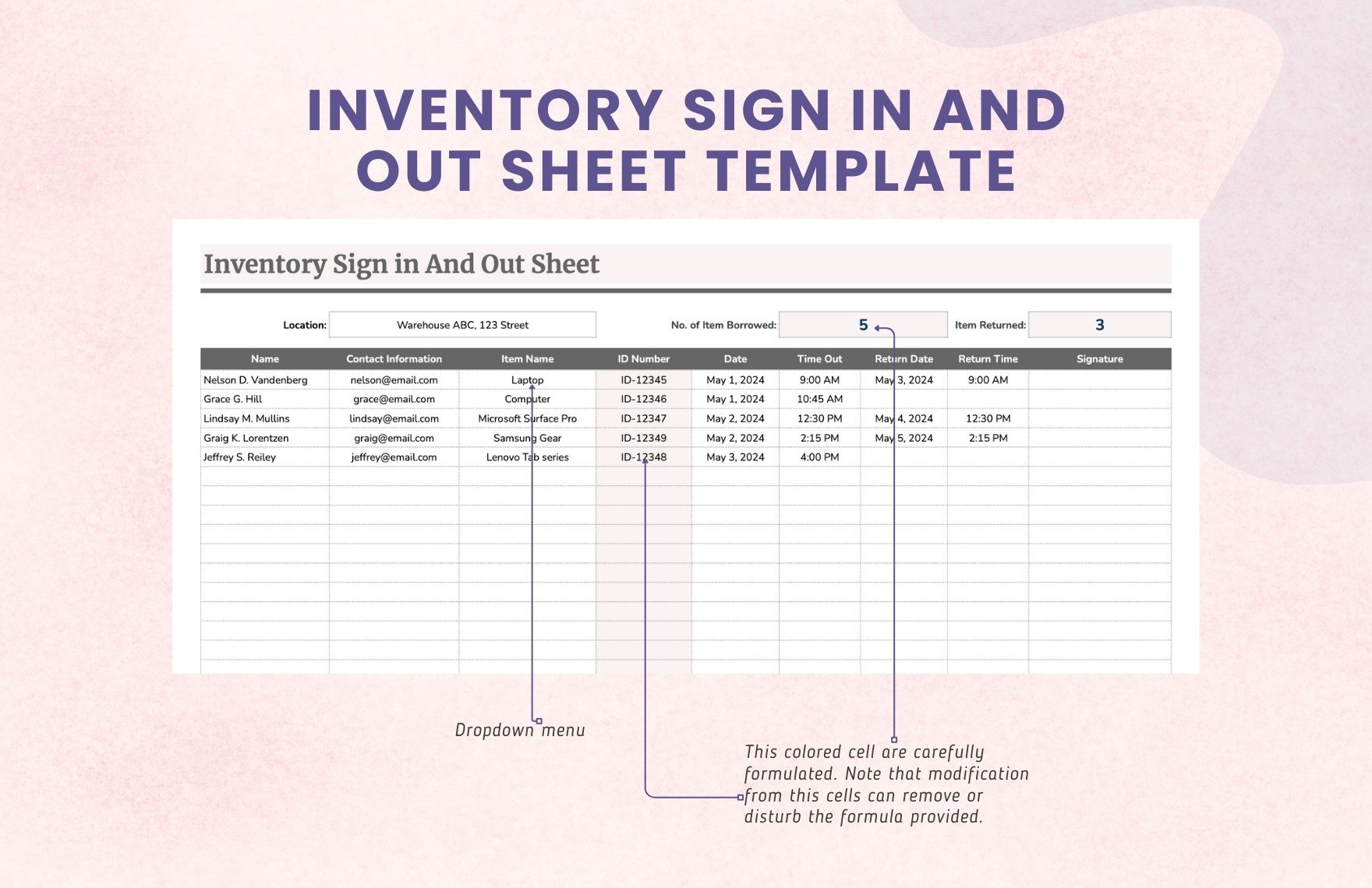 Inventory Sign in And Out Sheet Template