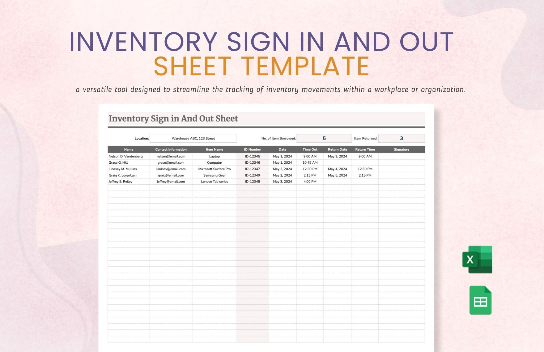 Inventory Sign in And Out Sheet Template in Excel, Google Sheets