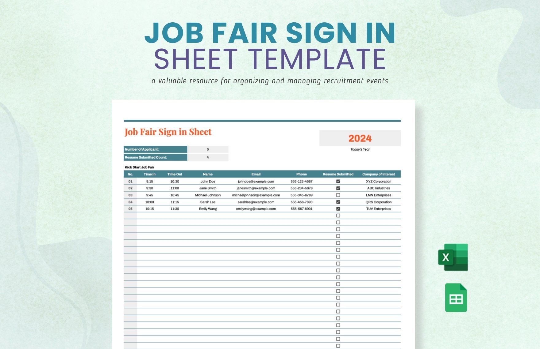 Job Fair Sign in Sheet Template in Excel, Google Sheets
