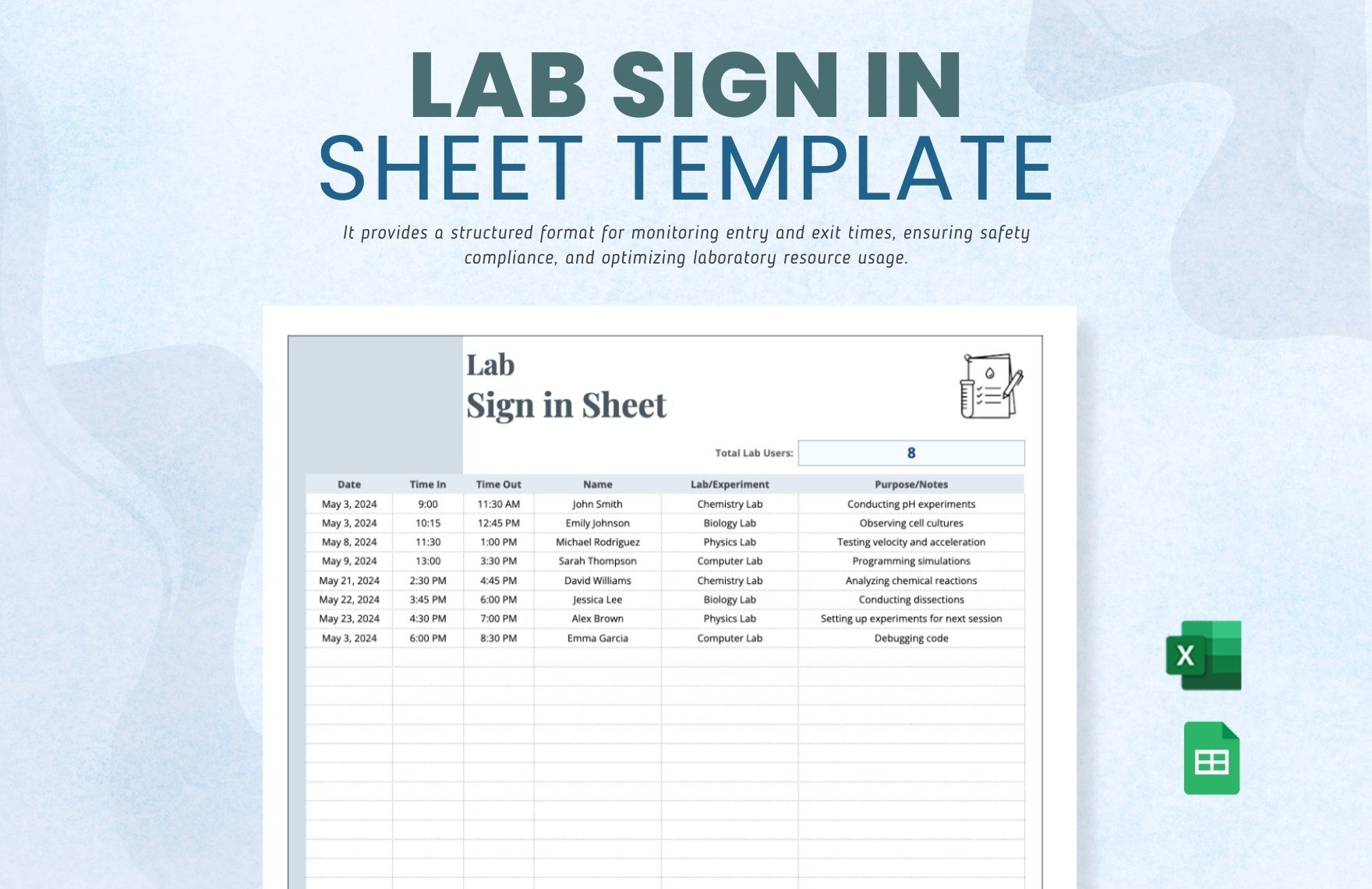 Lab Sign in Sheet Template in Excel, Google Sheets