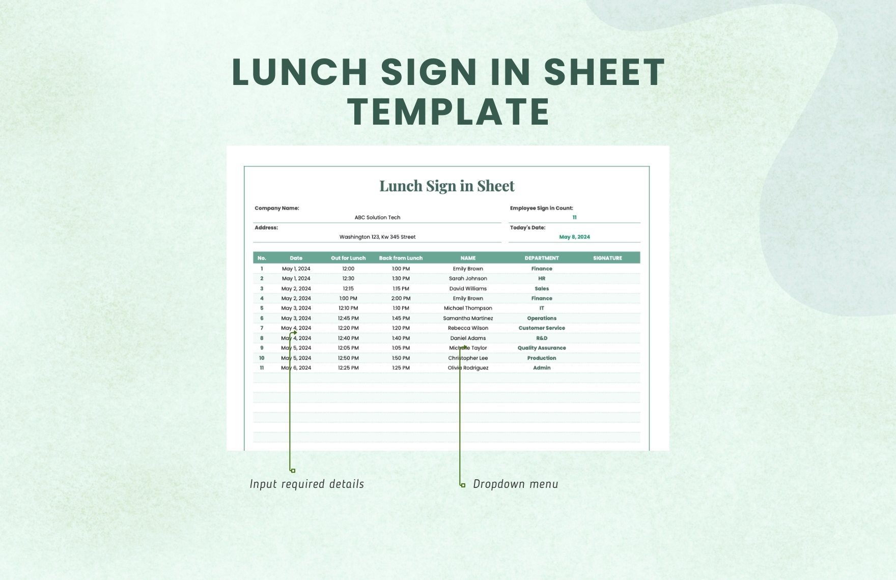 Lunch Sign in Sheet Template
