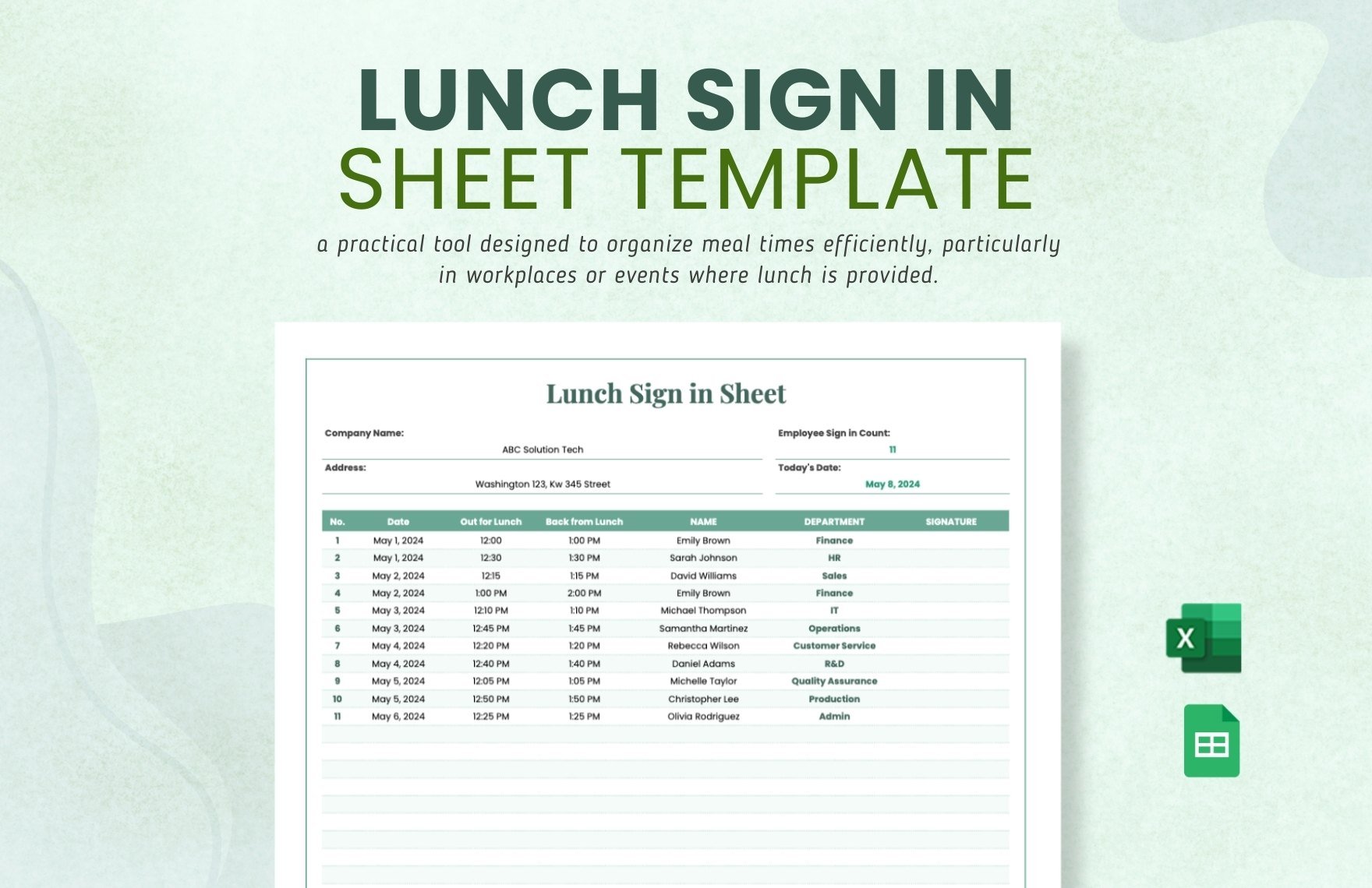 Free Lunch Sign in Sheet Template in Excel, Google Sheets