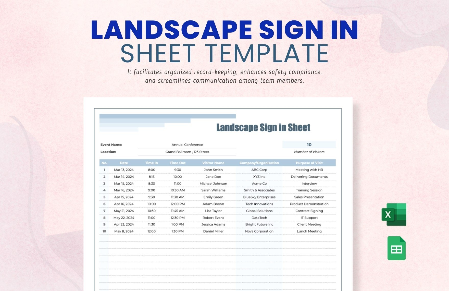Landscape Sign in Sheet Template in Excel, Google Sheets