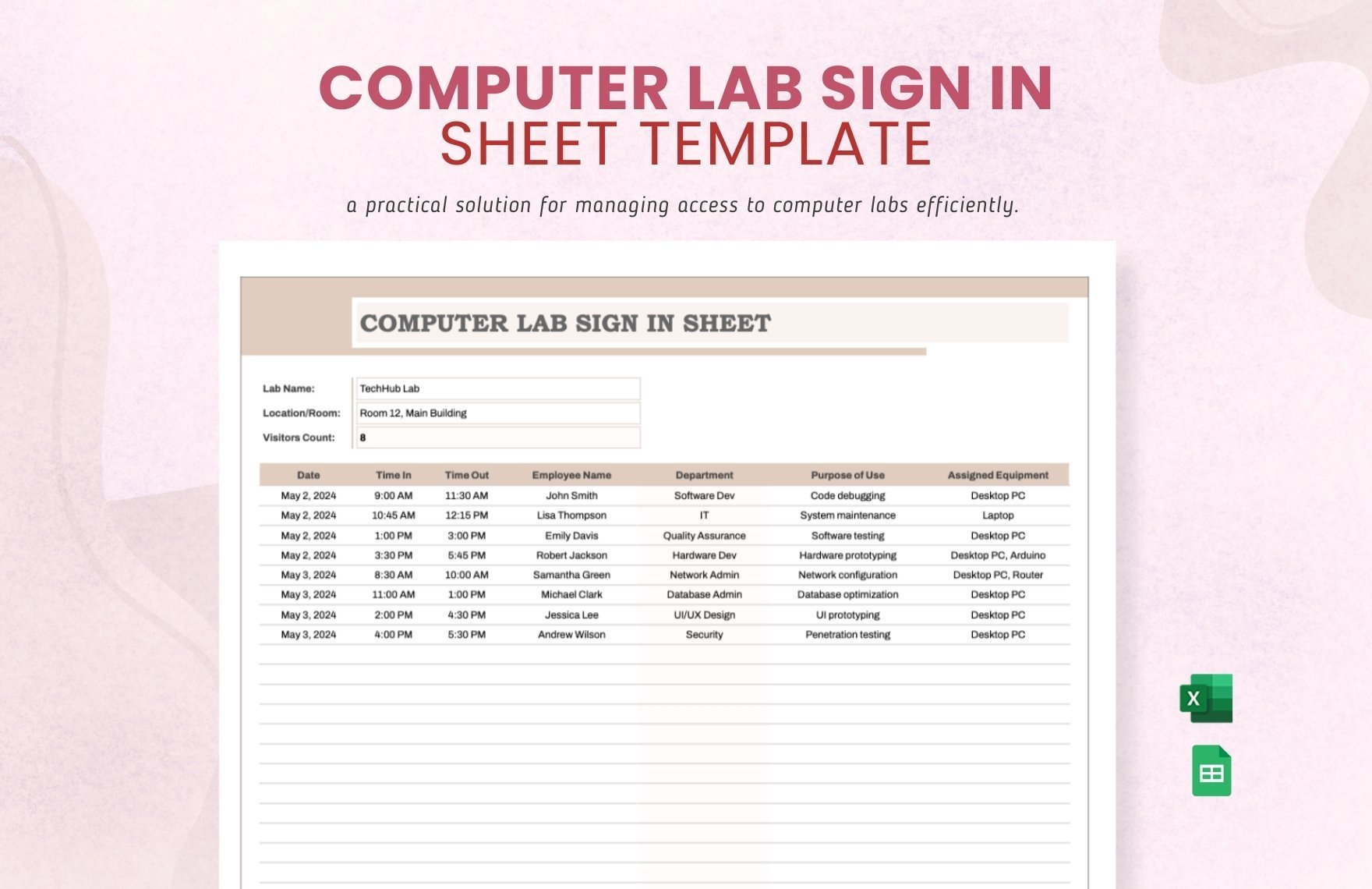 Computer Lab Sign in Sheet Template in Excel, Google Sheets