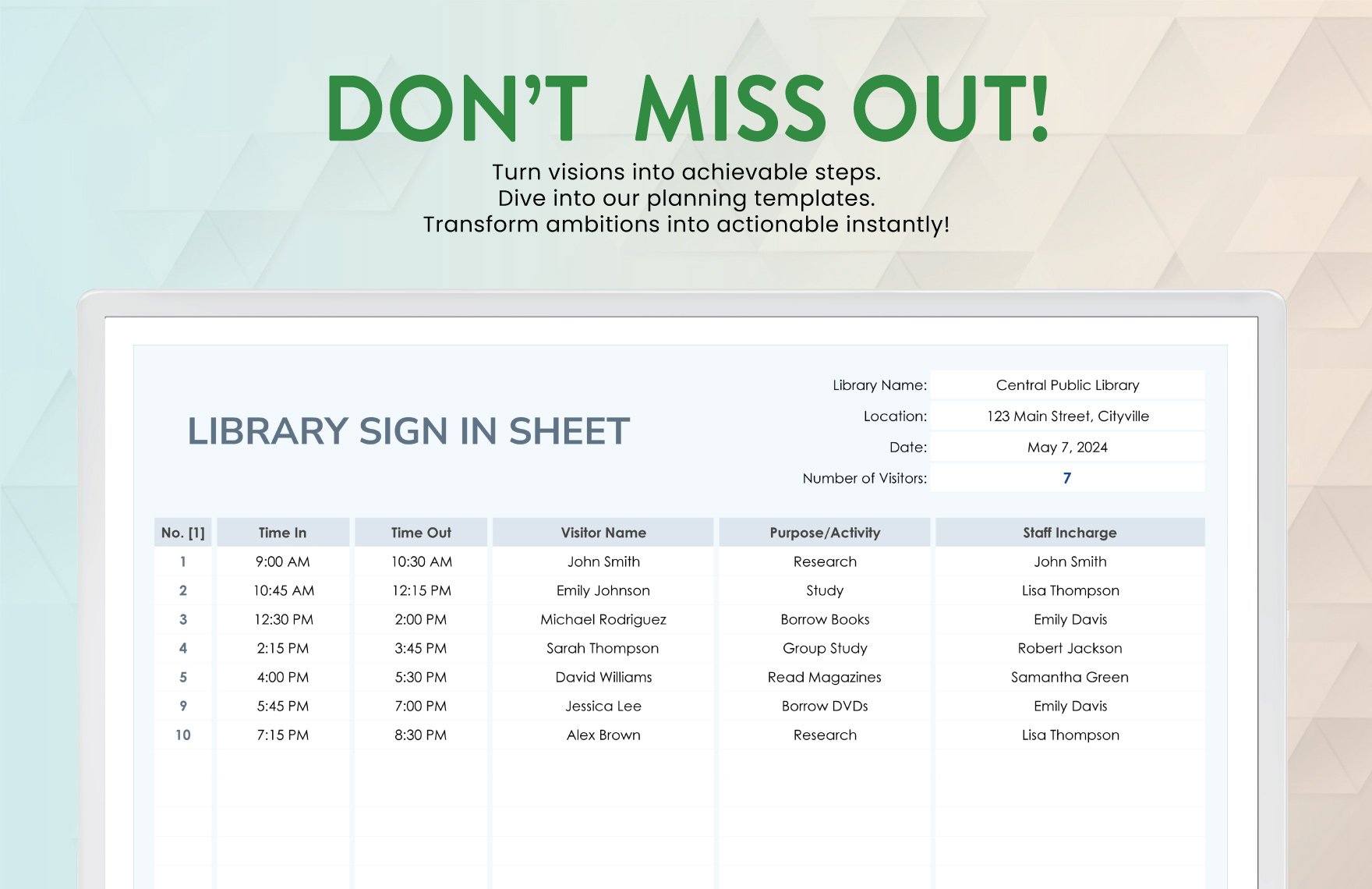 Library Sign in Sheet Template