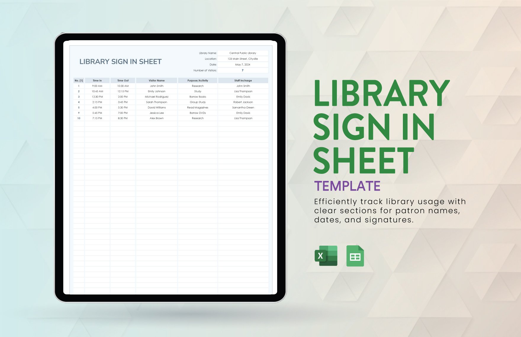 Library Sign in Sheet Template in Excel, Google Sheets