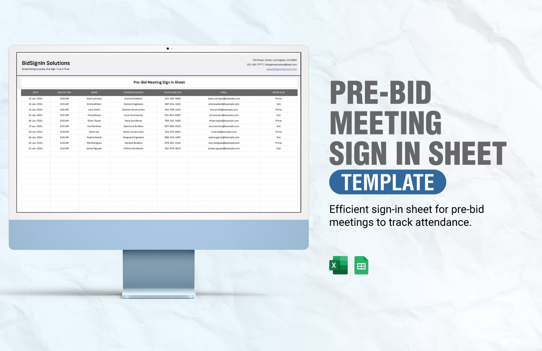Free Pre-Bid Meeting Sign in Sheet Template in Excel, Google Sheets