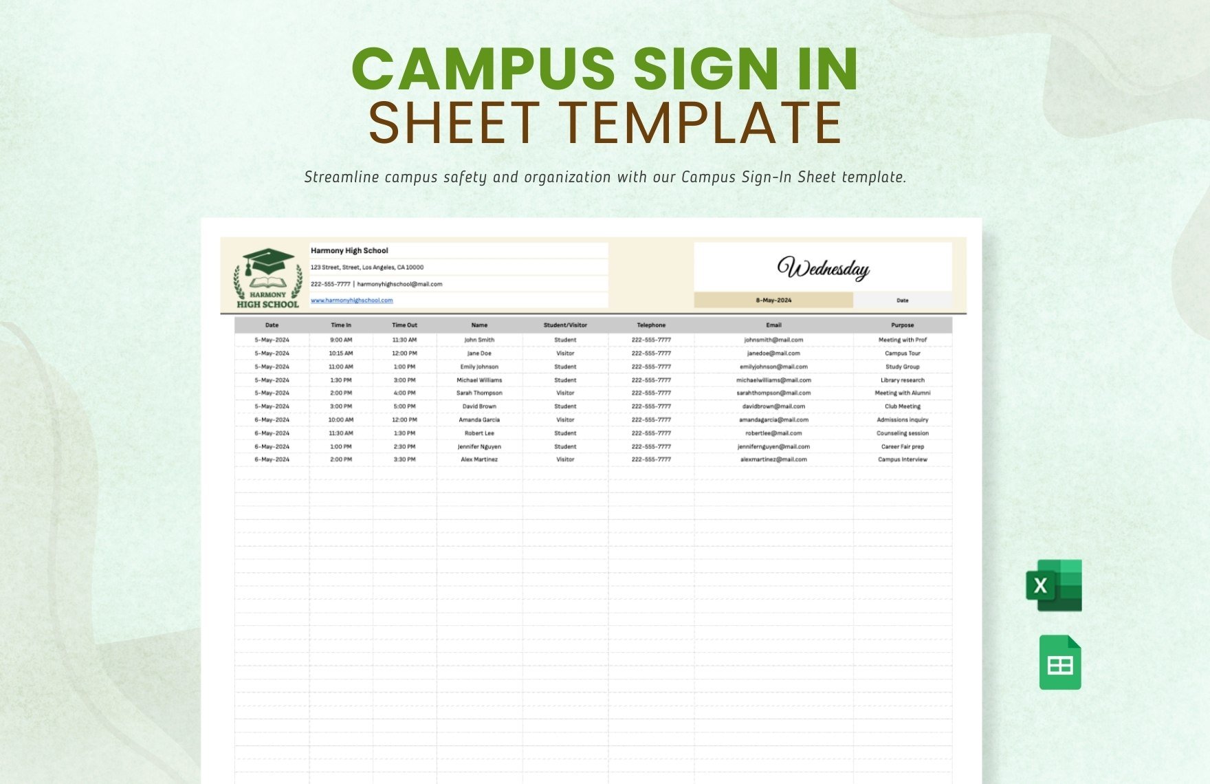 Campus Sign in Sheet Template in Excel, Google Sheets