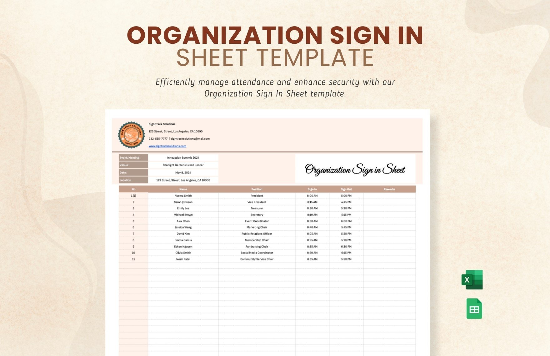 Organization Sign in Sheet Template in Excel, Google Sheets