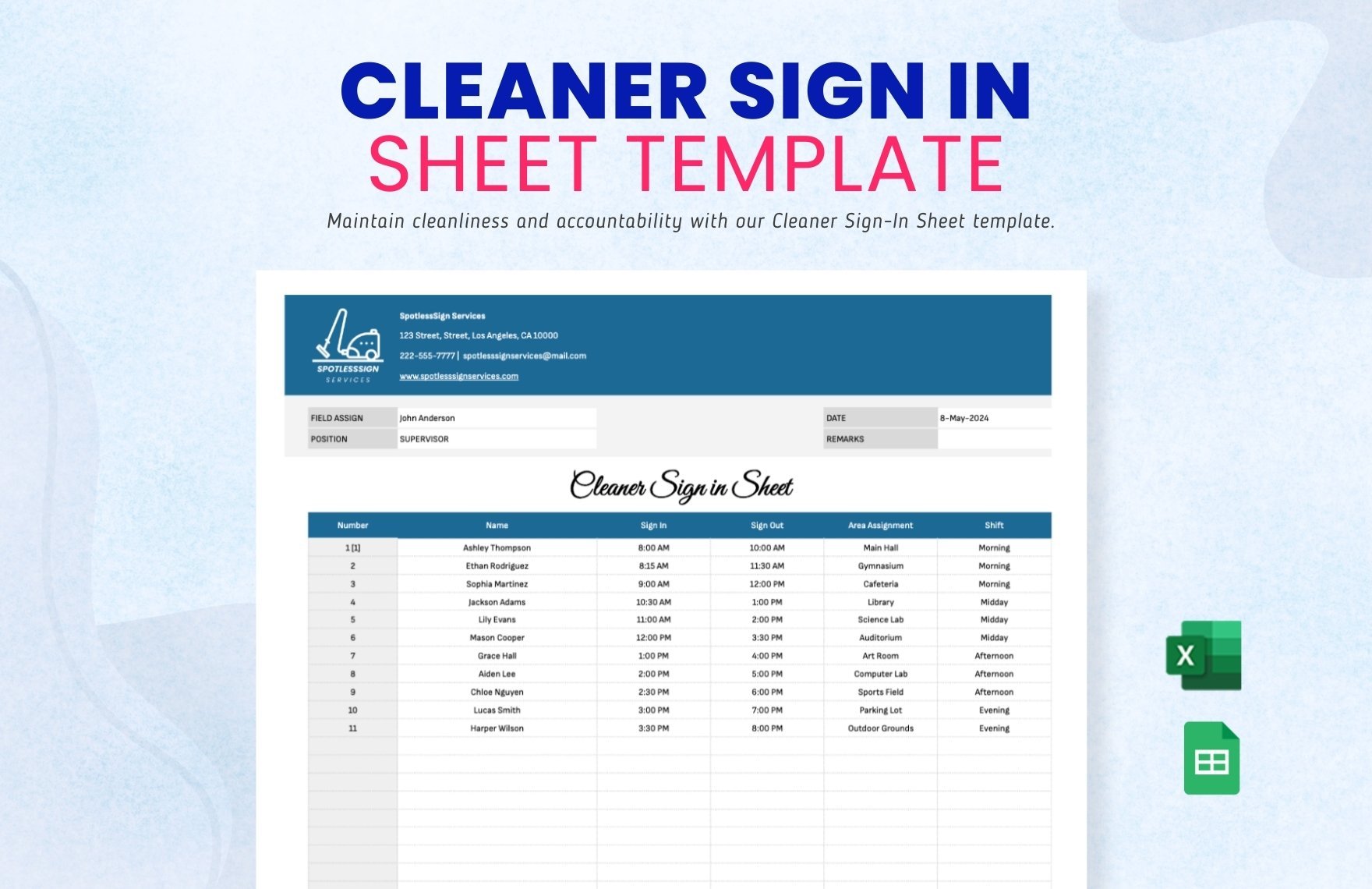 Cleaner Sign in Sheet Template in Excel, Google Sheets