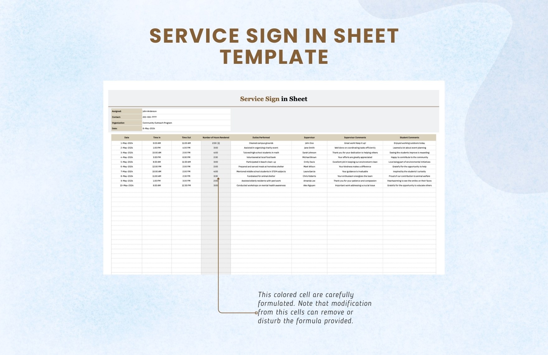 Service Sign in Sheet Template