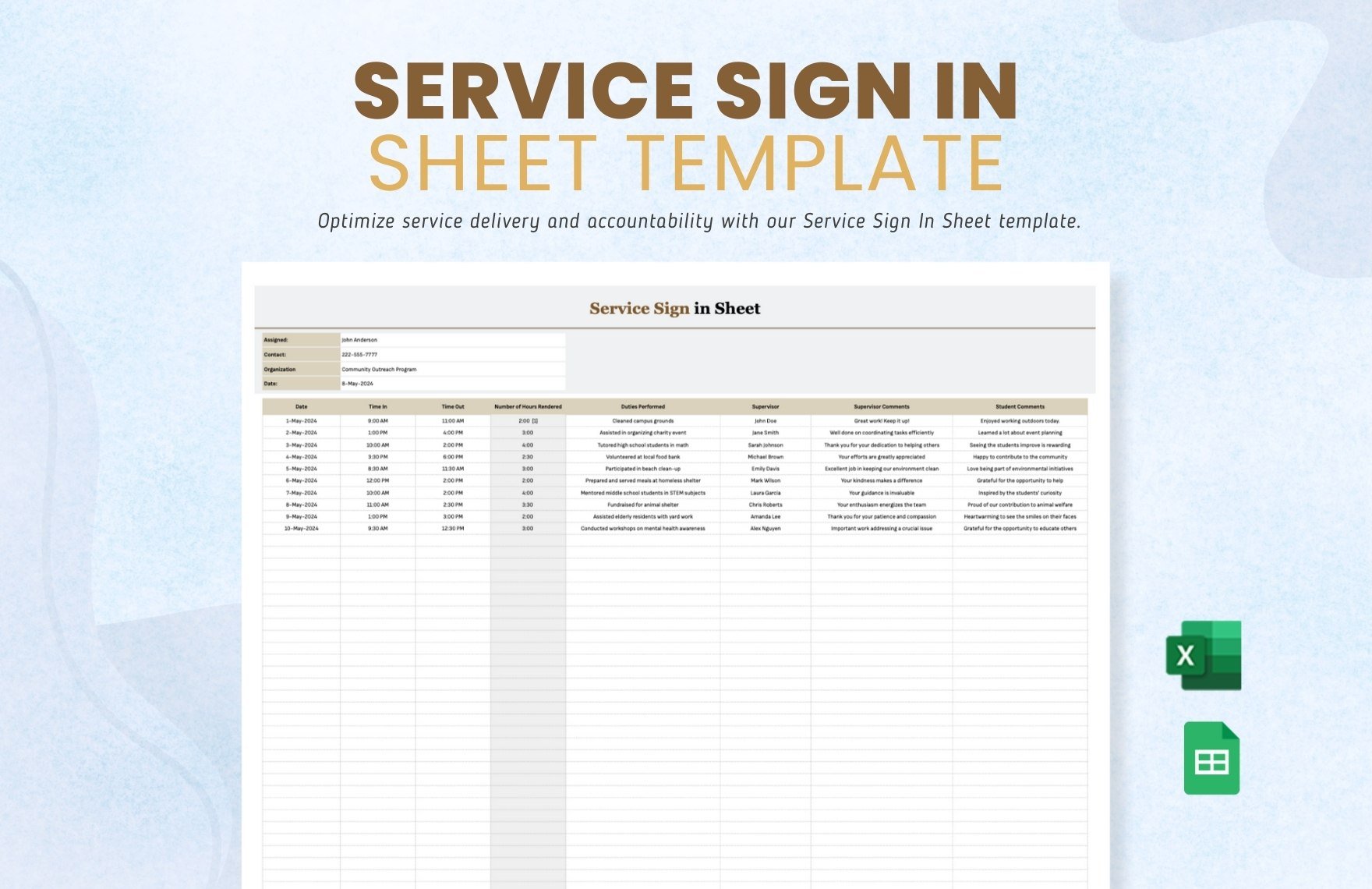Free Service Sign in Sheet Template in Excel, Google Sheets