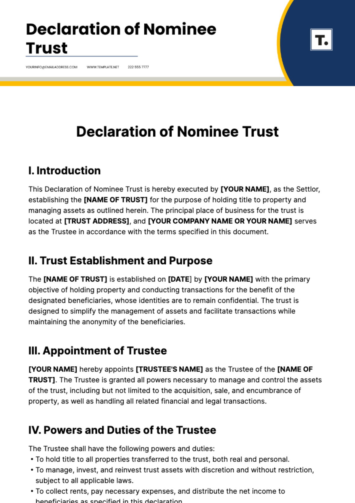 Declaration Of Nominee Trust Template