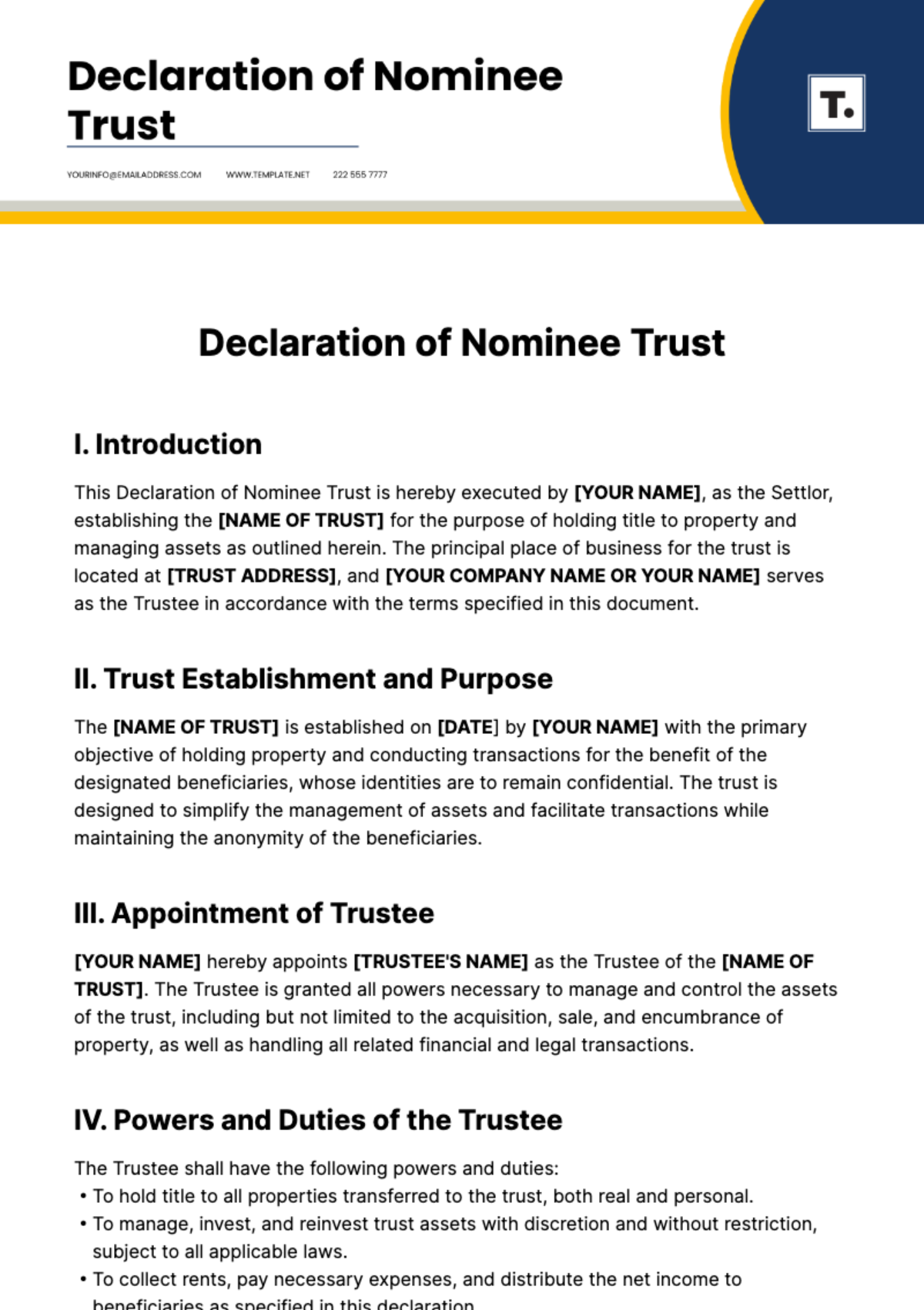 Declaration Of Nominee Trust Template - Edit Online & Download